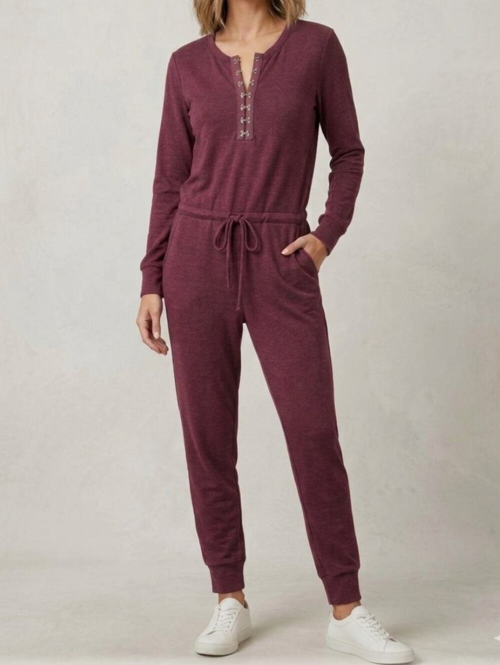 Chaser Henley Jumpsuit Hook And Eye Brandy Athleisure Cozy Minimalist Loungwear